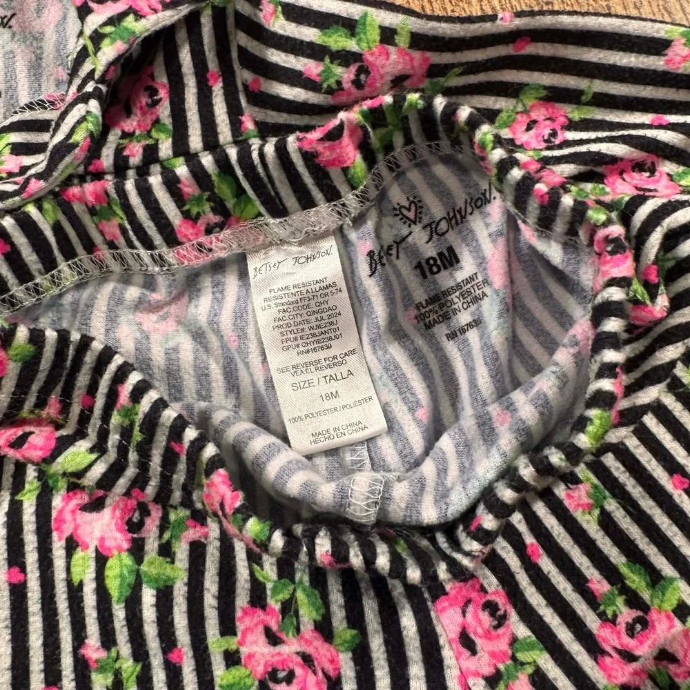 Betsey Johnson 18M Floral Striped Pajama Set Pink Black White Rose Girls